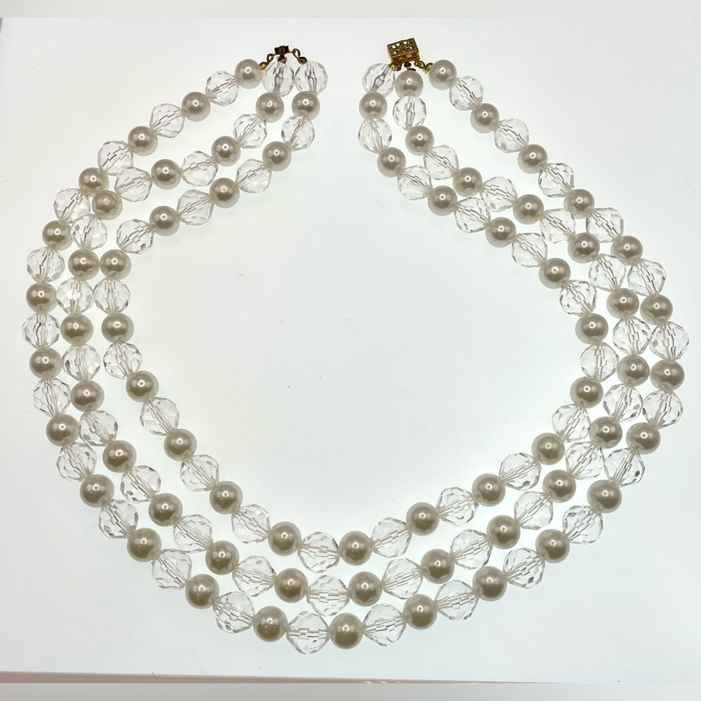Vintage MultiStrand Acrylic Faceted Clear Bead and Faux Pearl Necklace
